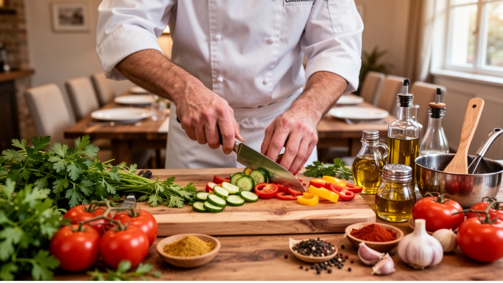 Chef découpant des légumes frais lors d’un cours de cuisine au restaurant LaCour à Paris