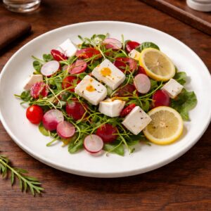 Salade de jeunes pousses avec radis croquants et fromage frais servie au restaurant LaCour à Paris