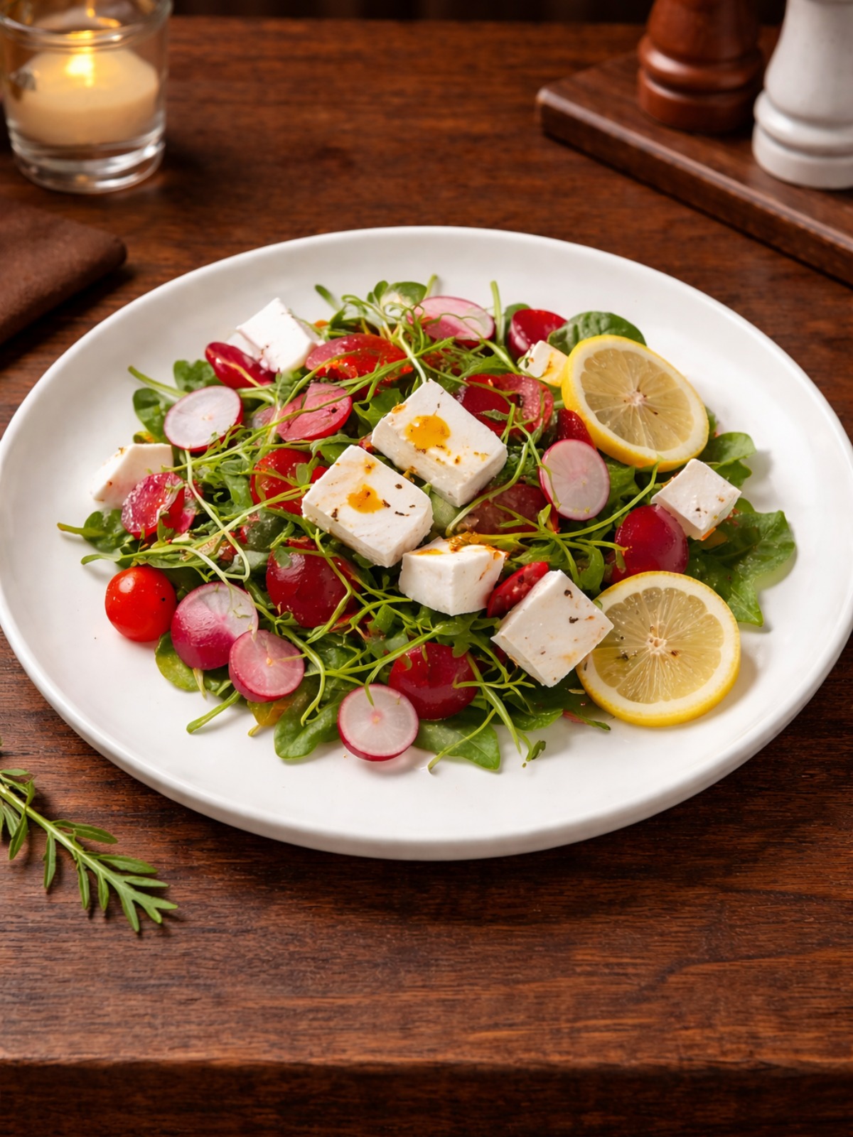 Salade de jeunes pousses avec radis croquants et fromage frais servie au restaurant LaCour à Paris