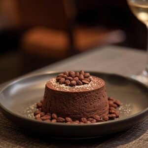 Dessert au chocolat surmonté de fèves de cacao, création gourmande du restaurant LaCour à Paris
