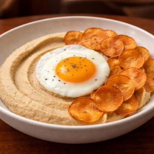 Œuf au plat servi sur une purée onctueuse avec chips croustillantes, spécialité du restaurant LaCour à Paris
