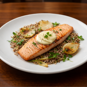 Saumon grillé accompagné de garniture de céréales et légumes, plat raffiné du restaurant LaCour à Paris