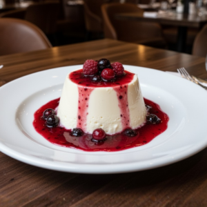 Dessert crémeux nappé de coulis de fruits rouges et baies fraîches servi au restaurant LaCour à Paris