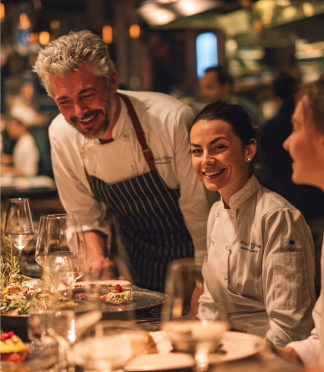Les chefs servent des plats gastronomiques à table dans une ambiance chaleureuse au restaurant LaCour à Paris