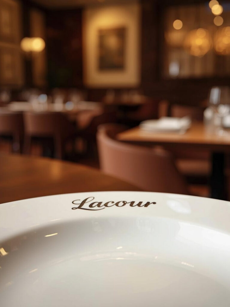 Assiette avec le logo LaCour dans une salle de restaurant élégante et chaleureuse à Paris