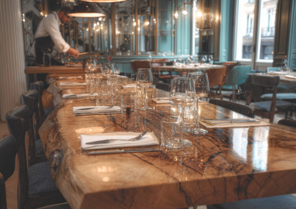 Table dressée avec verres et couverts dans un restaurant raffiné, préparation du service au restaurant LaCour à Paris