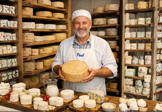 Fromager présentant des fromages artisanaux dans sa boutique, partenaire du restaurant LaCour à Paris