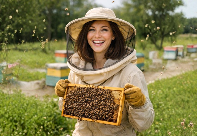 Apicultrice tenant un cadre de ruche avec des abeilles, productrice de miel partenaire du restaurant LaCour à Paris.