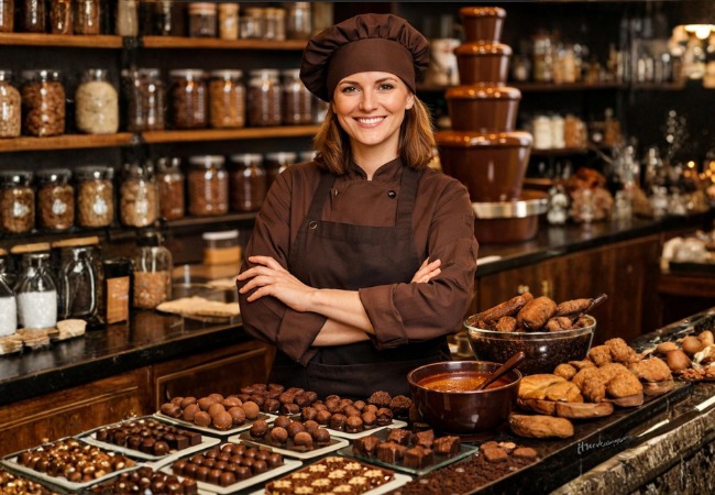 Chocolatière artisanale préparant des chocolats faits maison, partenaire du restaurant LaCour à Paris