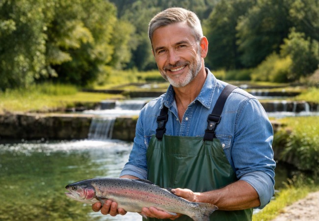 Producteur local tenant un poisson frais au bord de l’eau, partenaire du restaurant LaCour à Paris