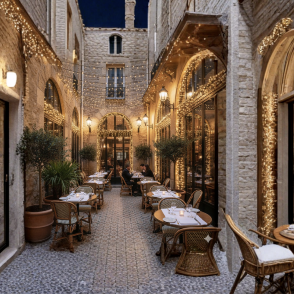 Cour intérieure du restaurant LaCour à Paris avec terrasse éclairée, tables dressées et ambiance chaleureuse en soirée