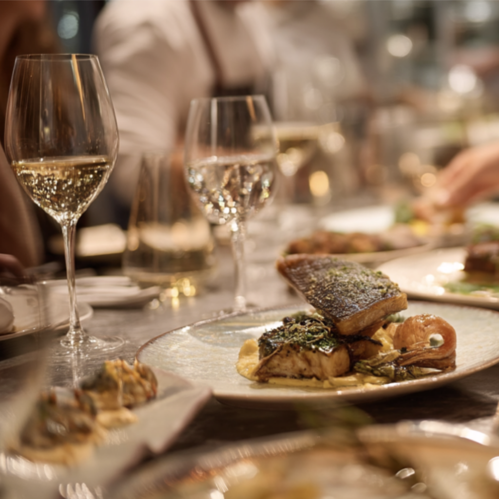 Plat gastronomique servi au restaurant LaCour à Paris avec poisson, légumes de saison et verres de vin dans une ambiance élégante