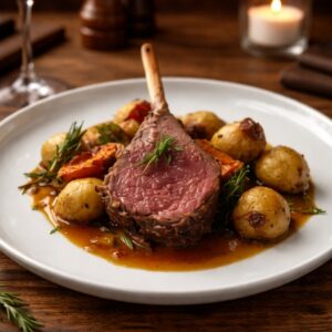 Côte d’agneau rosée servie avec pommes de terre rôties et jus de viande dans une ambiance chaleureuse au restaurant LaCour à Paris