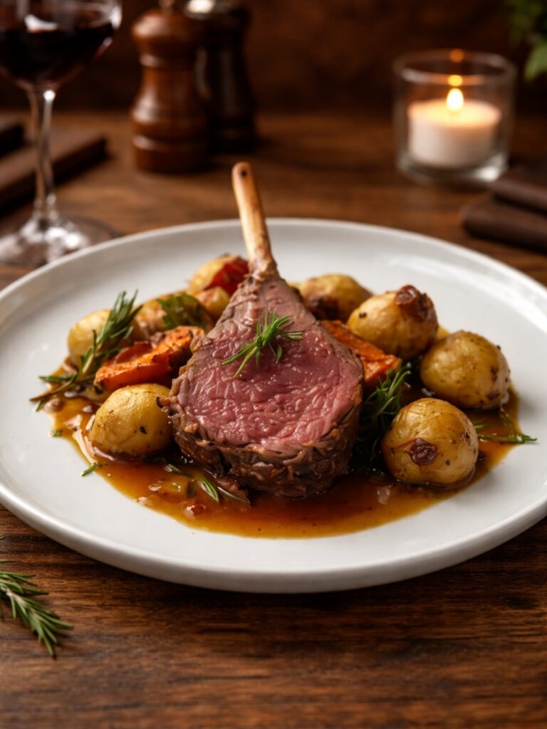 Côte d’agneau rosée servie avec pommes de terre rôties et jus de viande dans une ambiance chaleureuse au restaurant LaCour à Paris